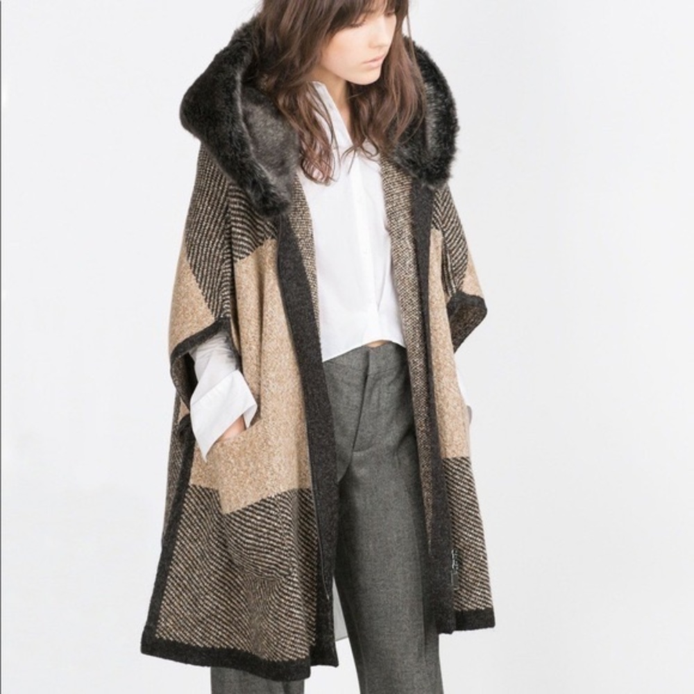 Zara knit faux fur fabulous hoodie sweater poncho. So chic!